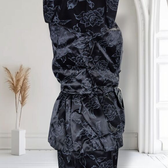 Vintage 80s Peplum Satin Midi Skirt Set Size 6 Black Floral Rose Print Goth - Picture 6 of 16